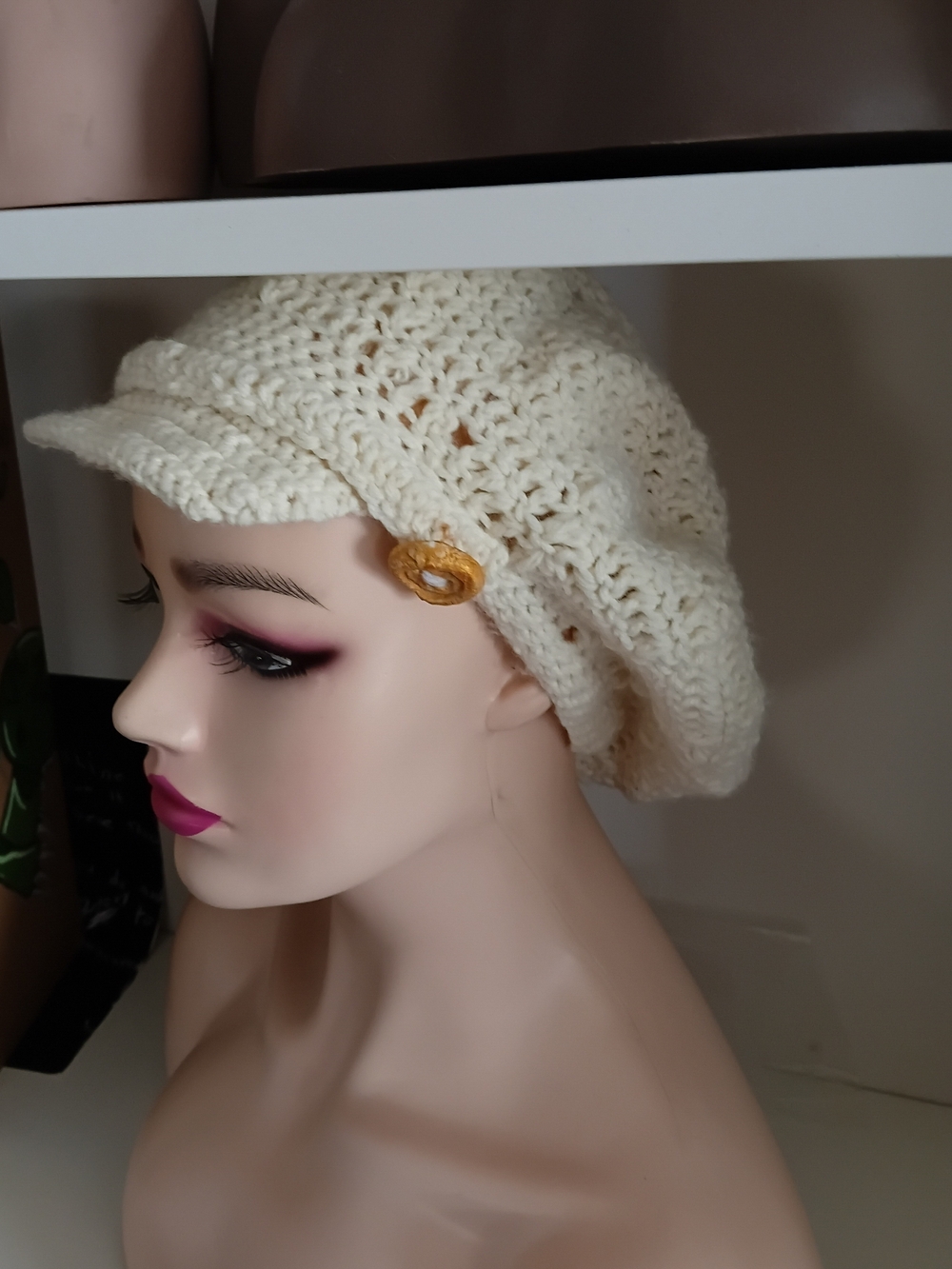 Cream Crochet Knit Beret with Accent Button - Women Accessories